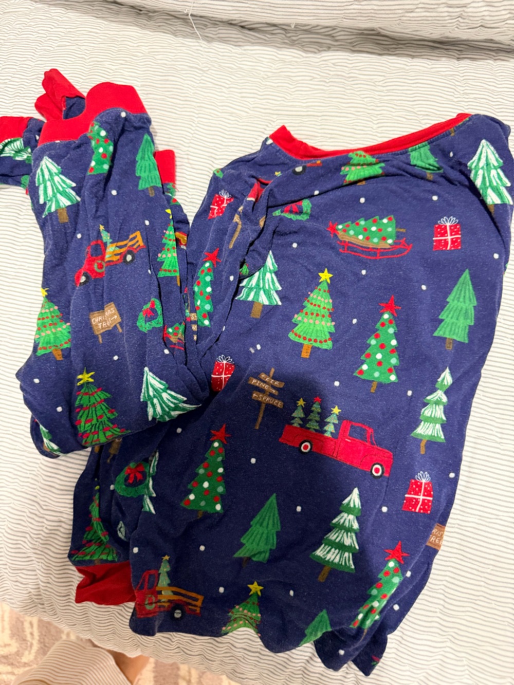 Kids Navy Blue Christmas Tree Pajama Set - Holiday Print